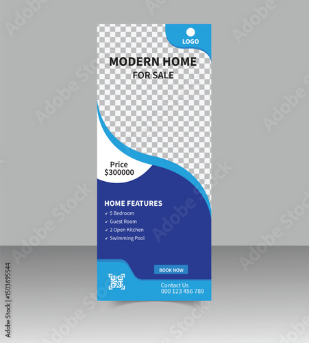 Modern Real Estate Roll-Up Banner Design Template for Property Promotion, Realtor Advertising, Open House Events, and Real Estate Agency Marketing Display Stand