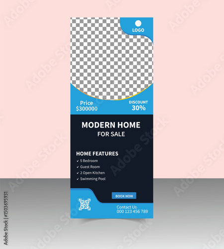Modern Real Estate Roll-Up Banner Design Template for Property Promotion, Realtor Advertising, Open House Events, and Real Estate Agency Marketing Display Stand