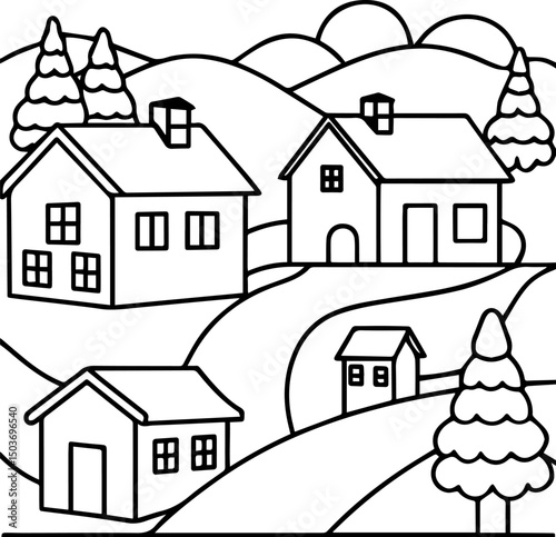 rural village landscape outline vector illustration, coloring book page line art	