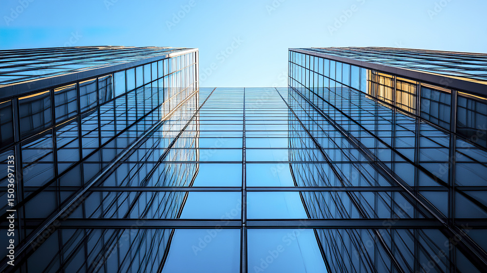 Obraz premium Upward view of towering glass skyscrapers reflecting clear blue sky