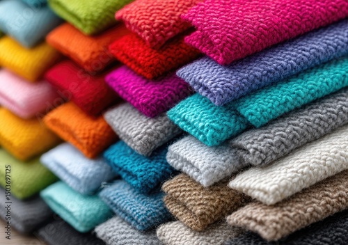 A colorful array of fabric samples in various colors and textures, arranged neatly on top of each other to show the variety of textile fabrics used for interior design