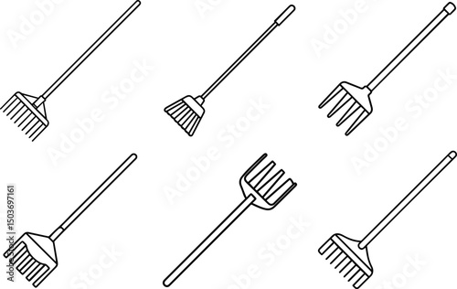Set of rake outline vector illustration, coloring book page line art
