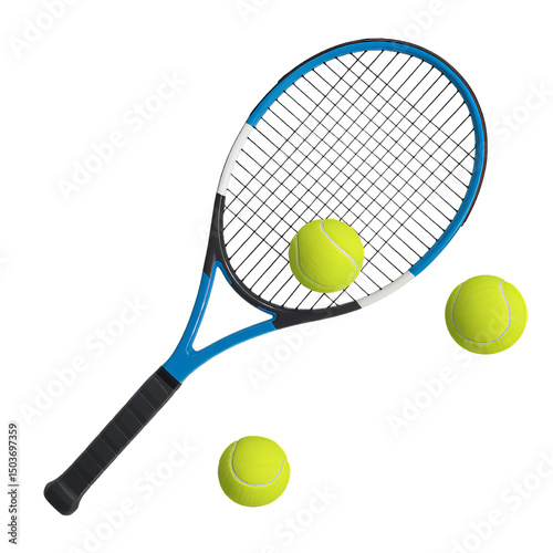 Overhead view of a blue tennis racket and three yellow tennis balls 