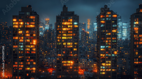 Urban high rises glowing with lights in dark, creating vibrant cityscape