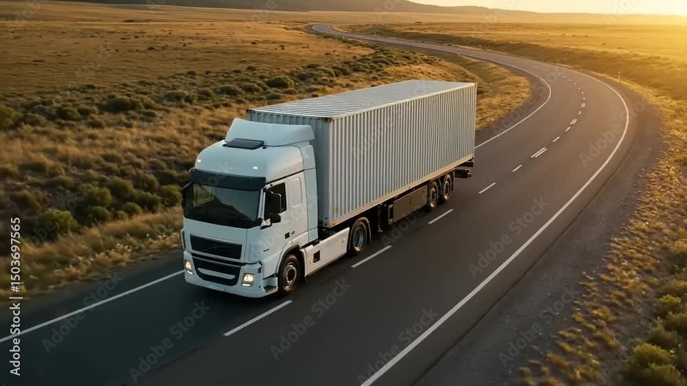 A large white truck driving along a winding road in a vast, sunlit landscape during sunset A large white truck driving along a winding road in a vast, sunlit landscape during sunset