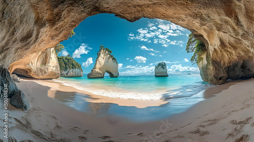 Coastal cave entrance with a secluded beach and dramatic rock formations.