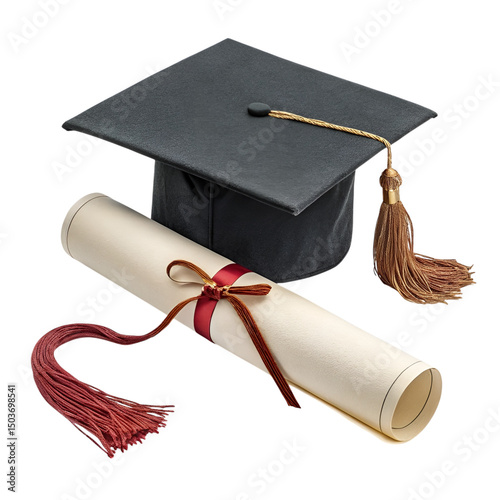 Graduation Cap and Diploma Isolated on Transparent Background