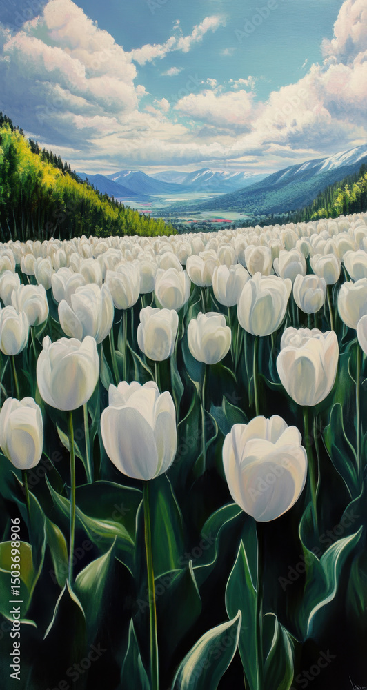 Fototapeta premium Stunning White Tulips Field with Mountain View