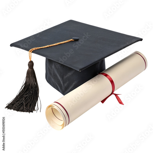 Graduation Cap and Diploma Isolated on Transparent Background
