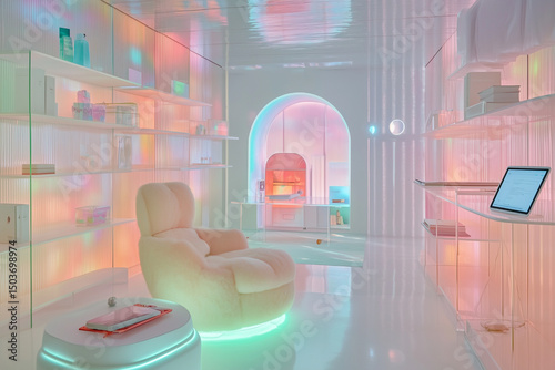 Stylish designer studio in pastel tones with LED lighting and soft furniture.