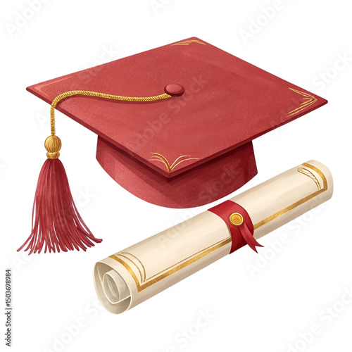 Graduation Cap and Diploma Isolated on Transparent Background