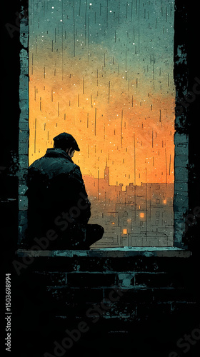 Solitary man sitting on window ledge at sunset, cityscape and rain, watercolor painting style