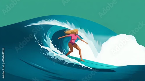 Woman Surfing on a Big Ocean Wave in Graphic Style Illustration