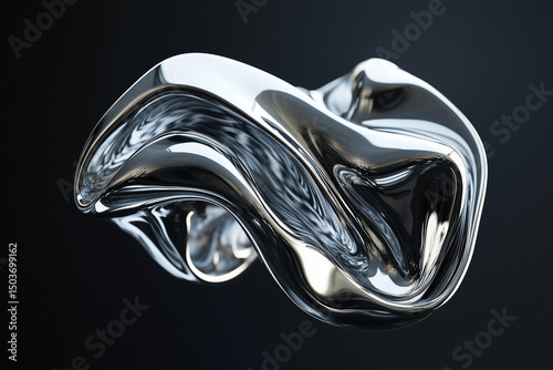 Futuristic abstract chrome shape suspended in dark space, reflecting fluid metallic curves.