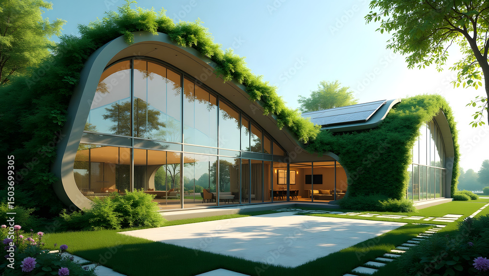 Naklejka premium Futuristic Eco-Friendly House 3D Render of Sustainable Architecture Design