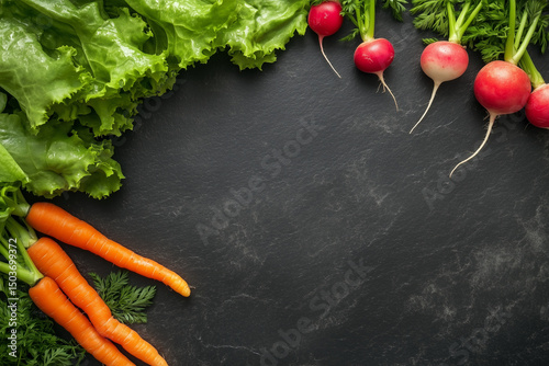 Fresh carrots, lettuce, and radishes arranged around the edges of a dark slate background, perfect for product or text placement.