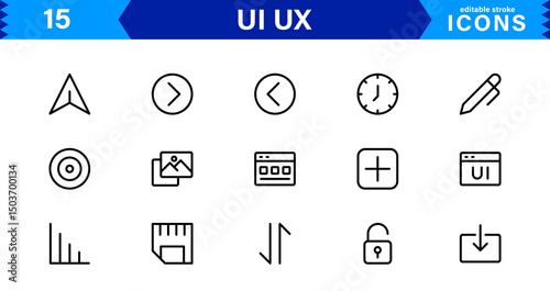 UI UX Design Icons Focused on Interface, Navigation, Prototyping, and User Flow Presented in a Minimal, Modern, and High-Quality Vector Format