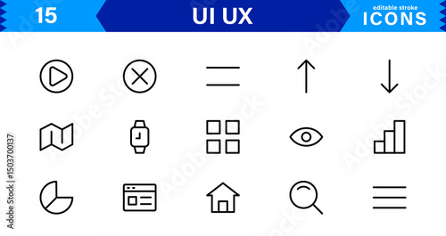 UI UX Design Icons Focused on Interface, Navigation, Prototyping, and User Flow Presented in a Minimal, Modern, and High-Quality Vector Format