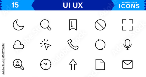 UI UX Design Icons Focused on Interface, Navigation, Prototyping, and User Flow Presented in a Minimal, Modern, and High-Quality Vector Format