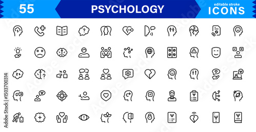 Professional Psychology Icon Set Featuring Mental Health, Therapy, Brain, Emotion, and Cognitive Elements in Clean Minimal Vector Illustration Style