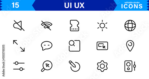 UI UX Design Icons Focused on Interface, Navigation, Prototyping, and User Flow Presented in a Minimal, Modern, and High-Quality Vector Format