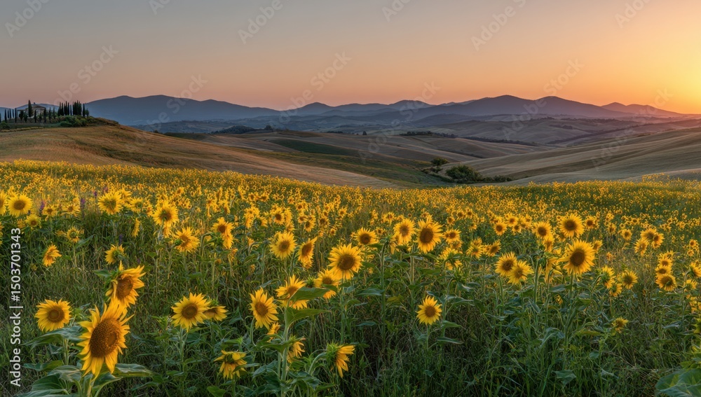 Fototapeta premium Sunflower field landscape at sunrise nature scene