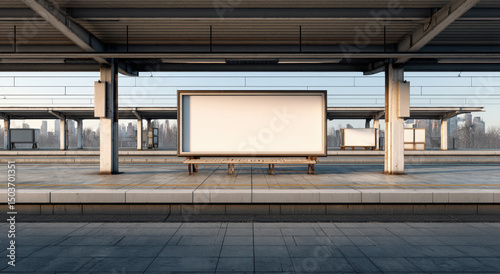 Fototapeta Naklejka Na Ścianę i Meble -  Modern train station platform featuring empty billboards and spacious layout, evoking sense of anticipation and calm