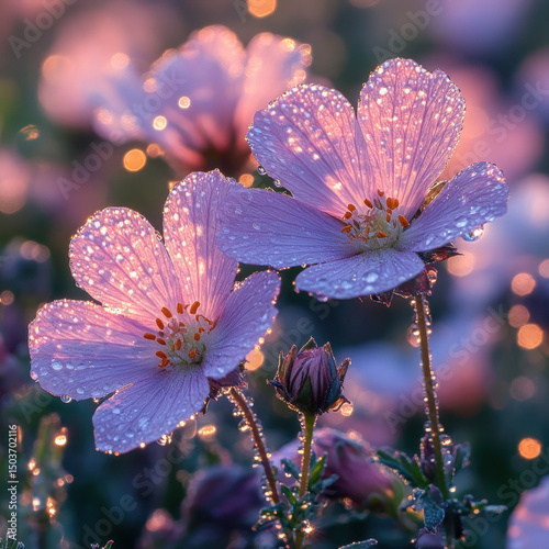 Pink flowers glistening with water droplets.