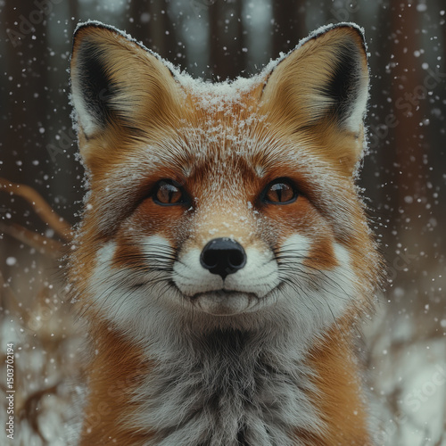 A red fox standing in the snow.