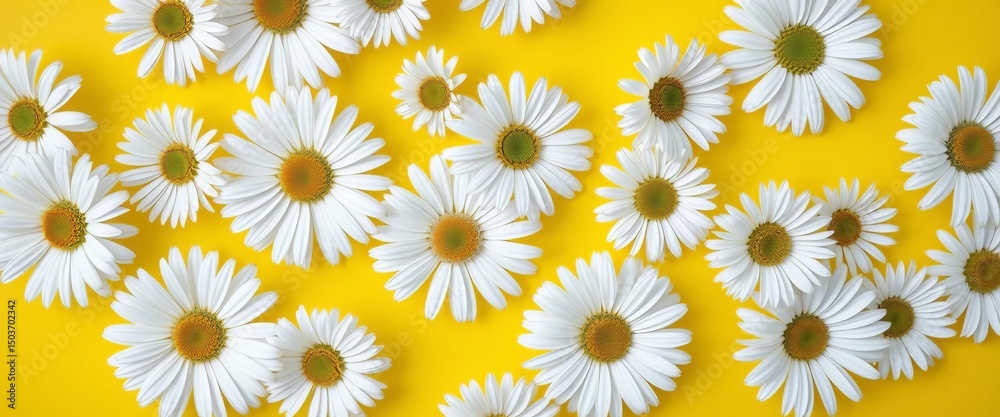 Summery white daisies arranged in a pleasing pattern on a bright yellow background, bright, summer Summery white daisies arranged in a pleasing pattern on a bright yellow background, bright, summer