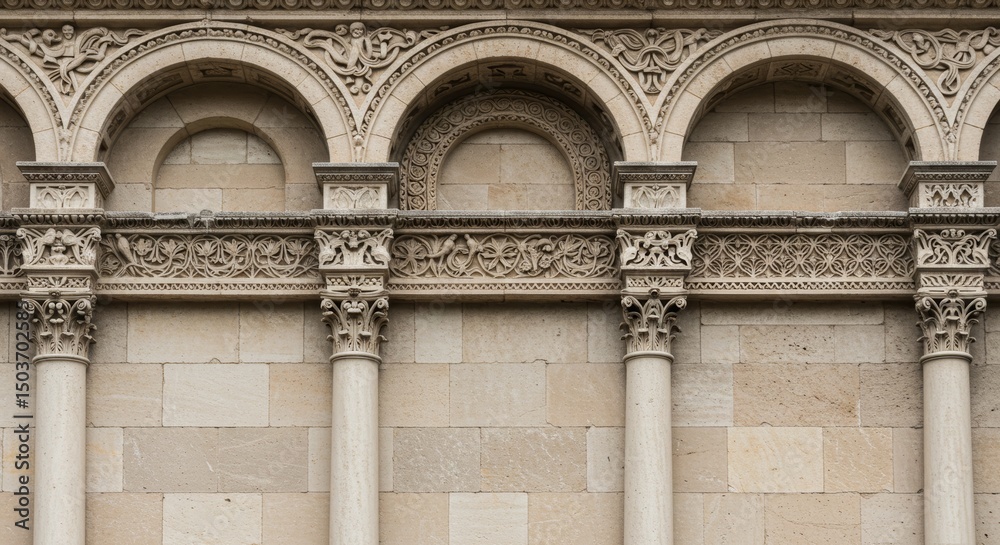 Naklejka premium Architectural details of a Romanesque building facade in Italy showcase