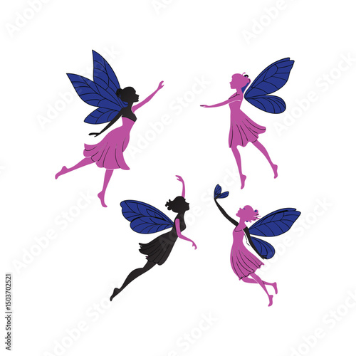 Four Silhouetted Fairies with Blue Wings