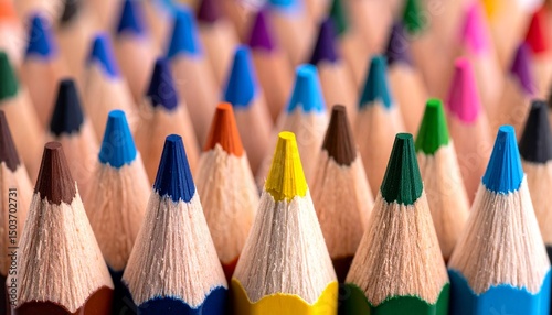 Macro of colored pencil tips in a row