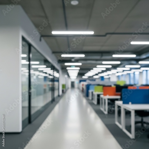 Spacious office environment with defocused passageway and light-toned business structure background