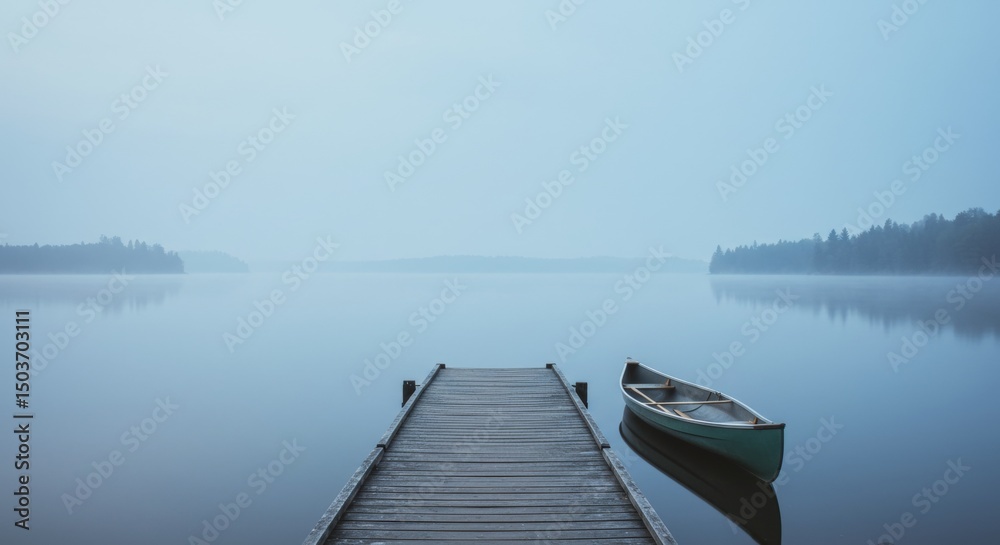 Fototapeta premium Tranquil lake scene with a wooden dock and a canoe on a misty morning