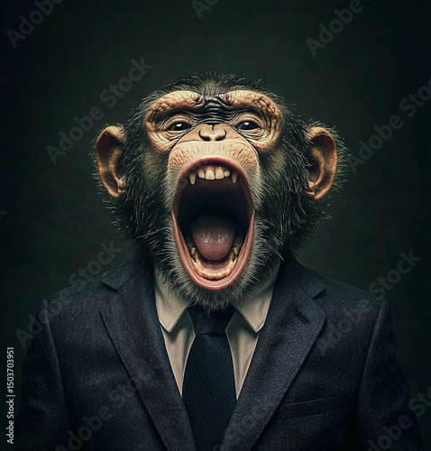 Surreal anthropomorphic primate portrait showcasing emotional expression in formal attire