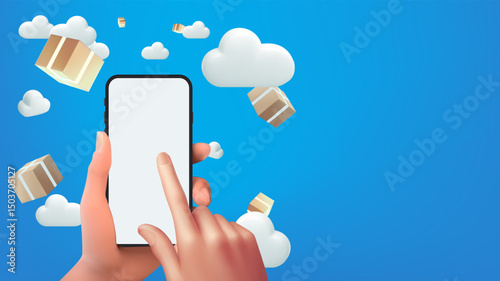 Person buying product with application.Ecommerce market.Transportation logistic.Fast moving service: air transportation