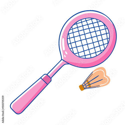 Cartoon of a pink badminton racket and shuttlecock. Can be used by sports blogs, badminton equipment shops, or recreational activity sites.