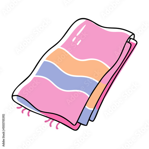 A cartoon towel with pink, orange, and blue wavy stripes and fringes. Suitable for bathroom blogs, travel packing lists, and beach-related content.