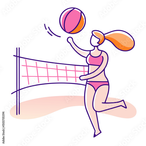 A cartoon woman playing beach volleyball, about to hit the pink and orange ball over the pink net. Suitable for sports blogs and summer vacation content.