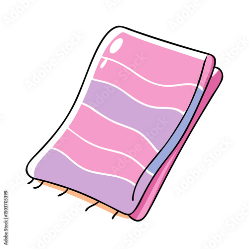A cartoon towel with pink, orange, and blue wavy stripes and fringes. Suitable for bathroom blogs, travel packing lists, and beach-related content.