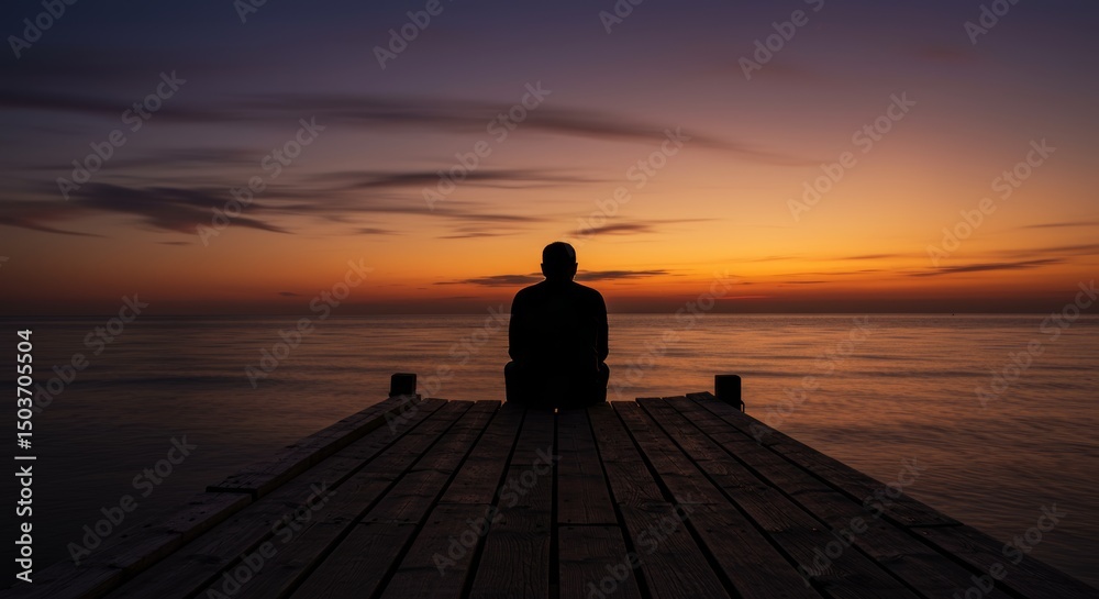 Fototapeta premium Silhouette of a person sitting on a pier at scenic sunset