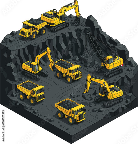 Isometric view of  Heavy Equipment digging earth