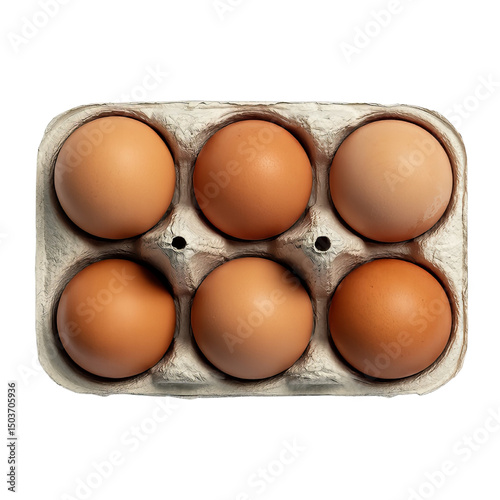 A top view of a carton containing six brown chicken eggs arranged in a rectangular formation inside