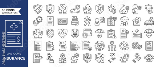 Insurance line editable icon set. Containing healthcare medical, life, car, home, travel insurance and more. Vector illustration