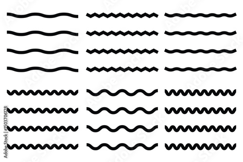 Wave line set. Vector water waves.  wavy zigzag lines. Black underlines wavy curve zig zag lines.