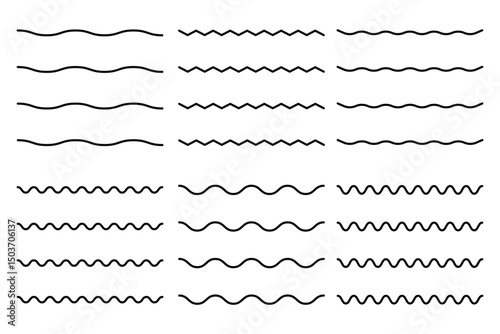 Wave line set. Vector water waves.  wavy zigzag lines. Black underlines wavy curve zig zag lines.