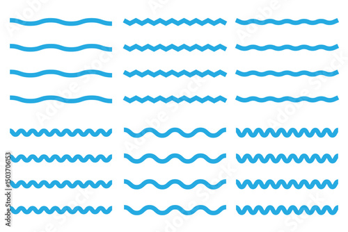 Wave line and wavy zigzag lines. Vector blue underlines, smooth end squiggly horizontal, squiggles. Wave line set. Vector water waves.