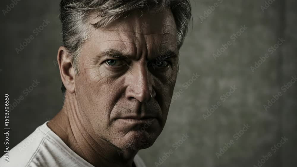 Mature man looking directly at camera with serious expression indoors  