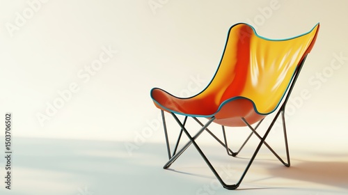 A vibrant orange and yellow butterfly chair stands elegantly against a minimalistic backdrop, showcasing its modern design and inviting comfort, perfect for any contemporary space.